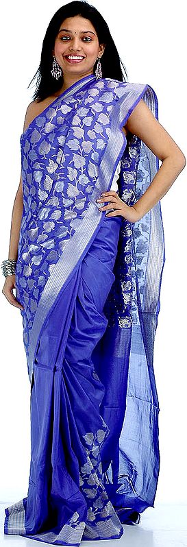 Chinese Blue Banarasi Sari with Silver and Golden Thread Weave