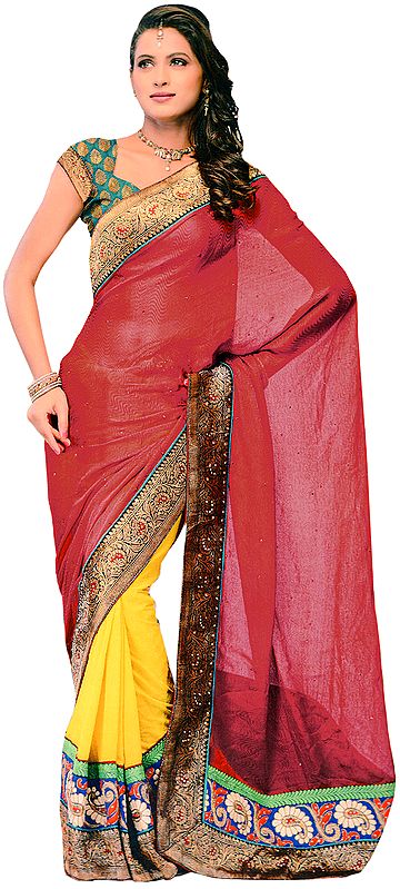 Chinese Red and Citrus Wedding Sari with Embroidered Patch Border