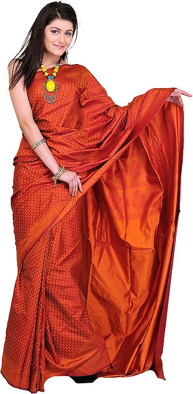 Chinese-Red Banarasi Satin Sari with Hand Woven Booties