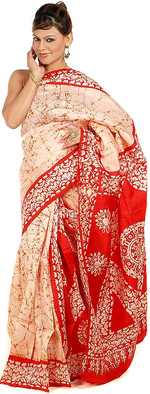 Ivory and Red Batik Sari from Kolkata