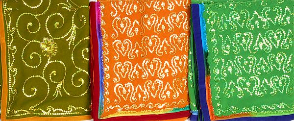 Lot of Three Saris with Sequins and Contrast Border