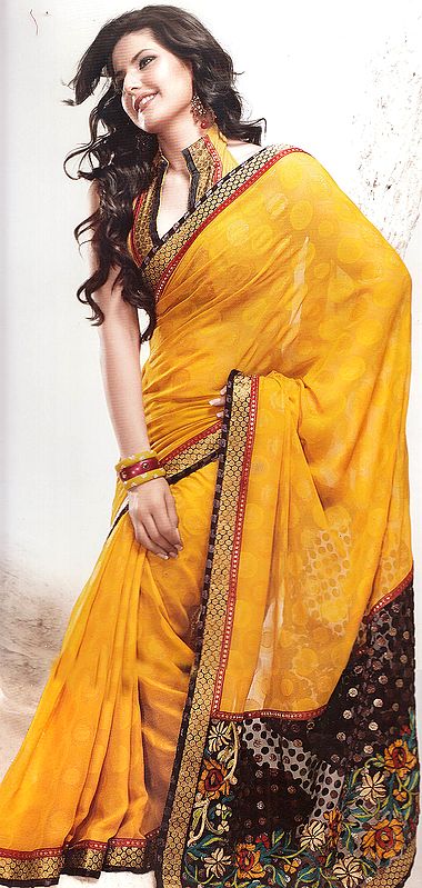Citrus-Yellow Designer Sari with Embroidered Flowers on Aanchal and Patch-Border
