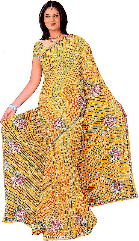 Citrus-Yellow Sari with Metallic Thread Embroidered Flowers and Printed Polka Dots