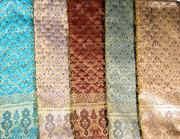 Lot of Five Banarasi Saris with All-Over Weave in Golden Thread
