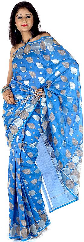 Azure Sari from Banaras with Leaves Woven in Khadi