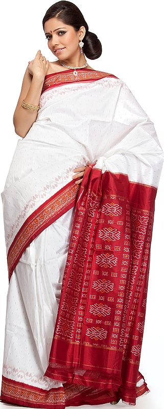 Handwoven White and Maroon Tissue Sari from Pochampally with Ikat Weave All-Over