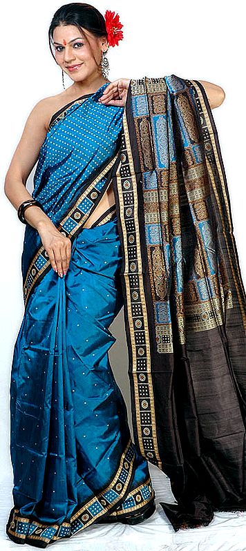 Cerulean-Blue Bomkai Sari with All-Over Bootis Hand-Woven in Orissa