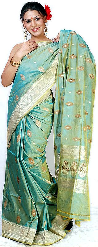 Jade-Green Sari from Banaras with All-Over Bootis Woven in Jute and Zari