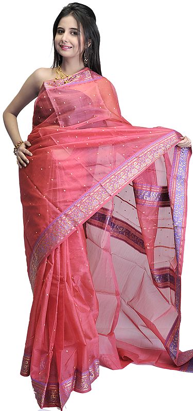 Claret-Pink Chanderi Sari with Woven Bootis and Brocaded Anchal