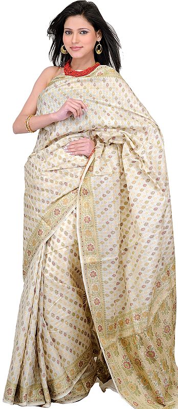Cloud-Cream Banarasi Sari with Woven Bootis and Flowers