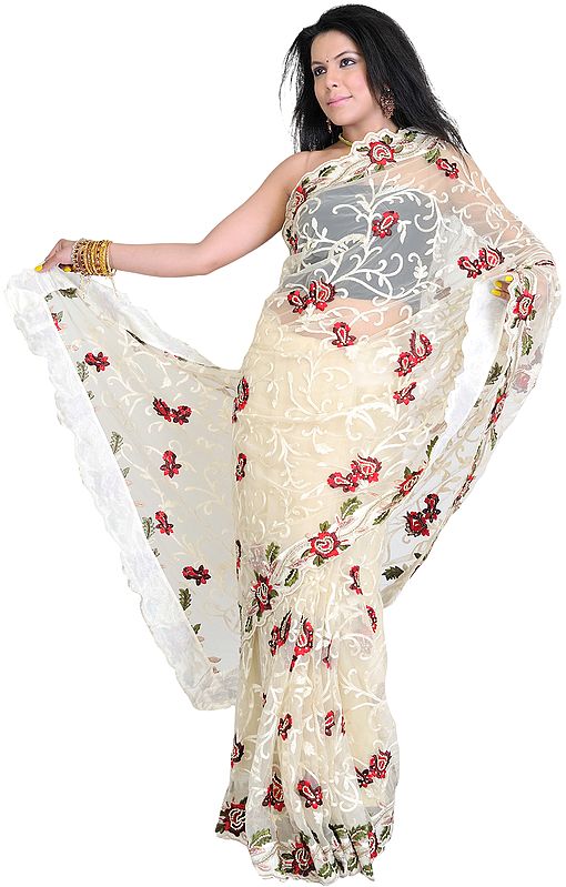 Cloud-Cream Bridal Sari with Crewel Embroidered Floral Vines All-over