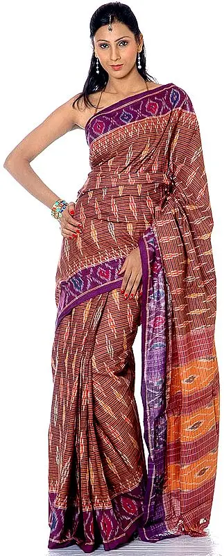 Hand-Woven Sari with Multi-Color Ikat Weave
