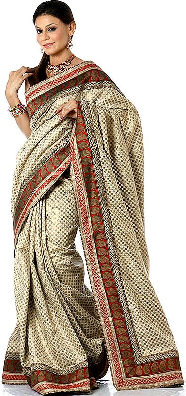 Ivory Wedding Sari Hand-woven in Banaras with All-Over Golden Bootis and Patch Border