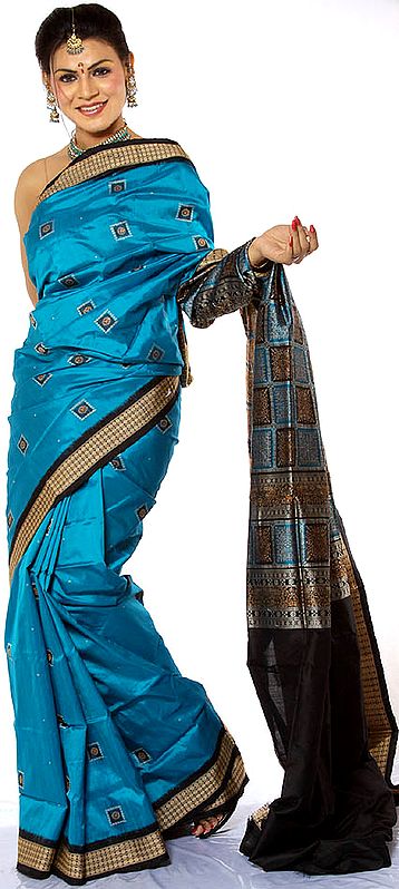 Azure-Blue Bomkai Sari with Box Pallu Hand-Woven in Orissa