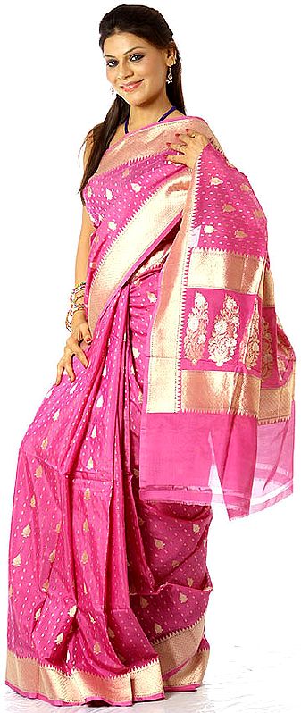 Pink Banarasi Sari with All-Over Bootis Hand-woven in Gold Thread