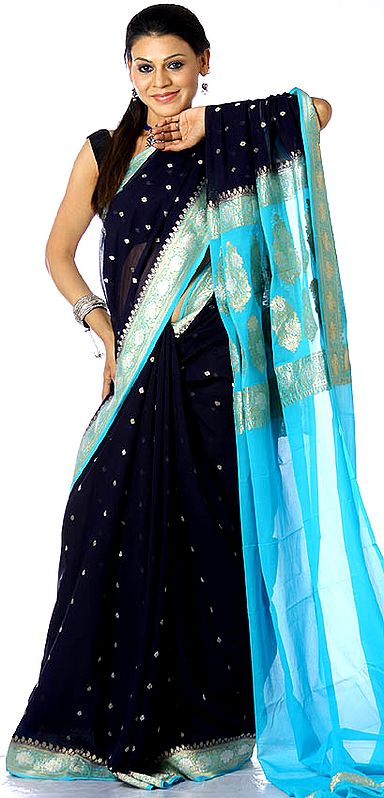 Midnight-Blue Banarasi Sari with Large Bootis Woven in Golden Thread