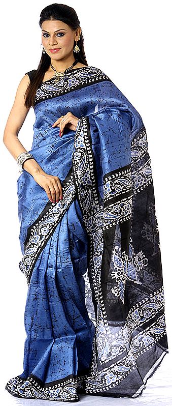 Royal-Blue Batik Sari with Black Anchal and Border