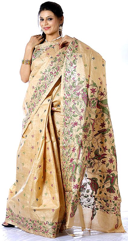 Sparrows and Kingfishers Embroidered on a Beige Kantha Sari from Bengal