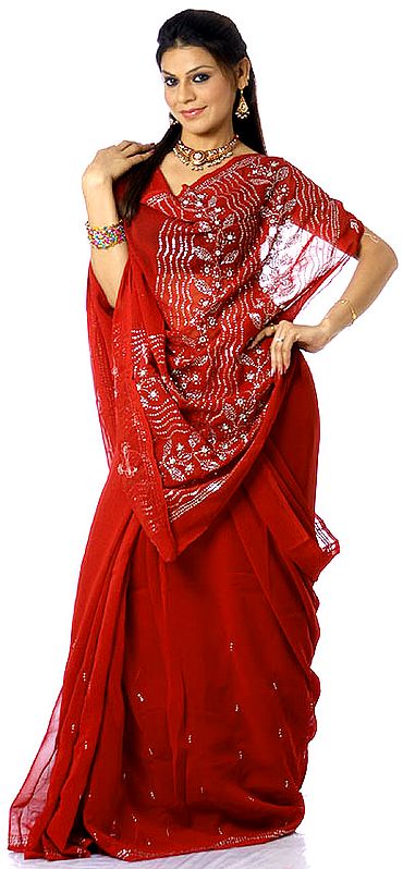 Carmine-Red Sari with Sequins and Beadwork