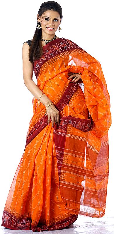 Orange Ikat Sari Hand-woven in Pochampally Village