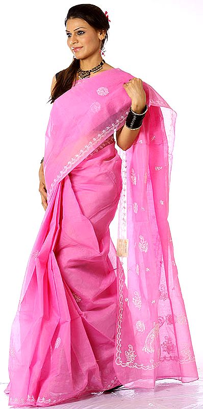Hot-Pink Sari with Lukhnavi Chikan Embroidery