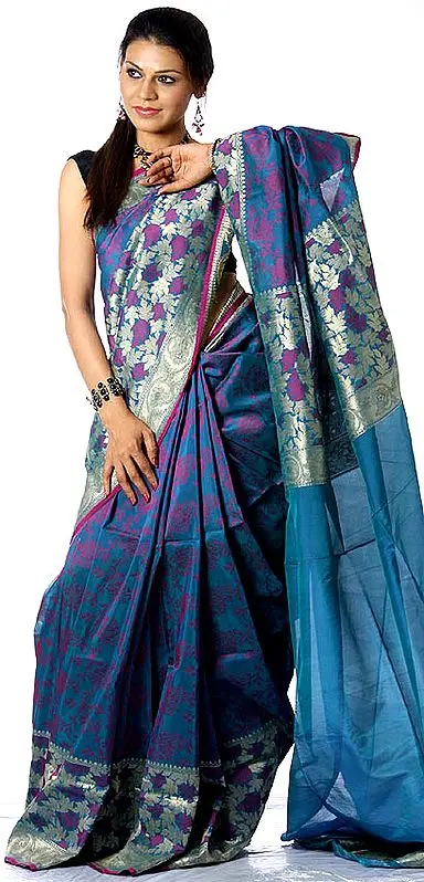 Teal and Purple Jamdani Sari from Banaras with Golden Thread Weave