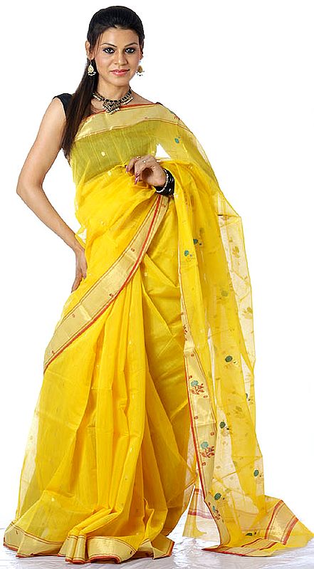Hand-woven Yellow Chanderi Sari with Golden Border