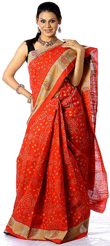 Red Kalamkari Sari from Andhra Pradesh with Chunri Print
