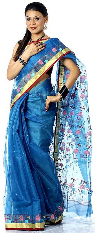 Royal-Blue Chanderi Sari with Flowers Woven on Anchal and Border