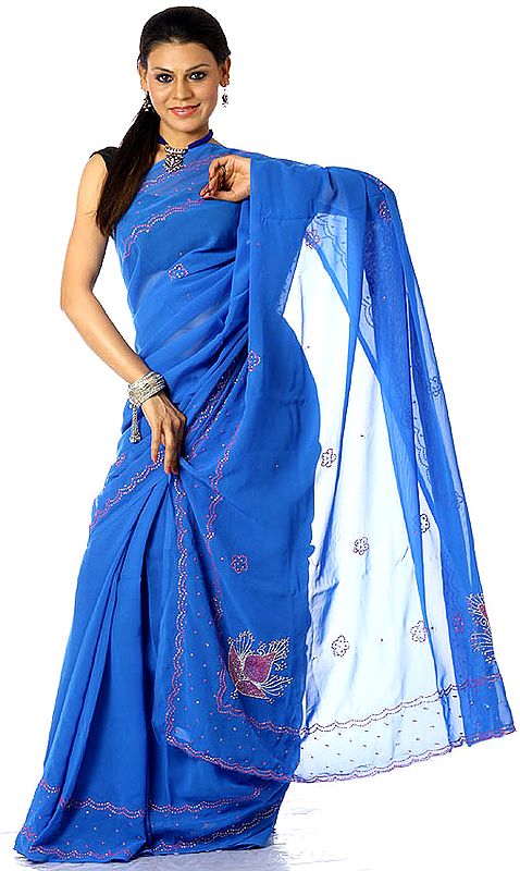 Persian-Blue Sari with Sequins and Threadwork