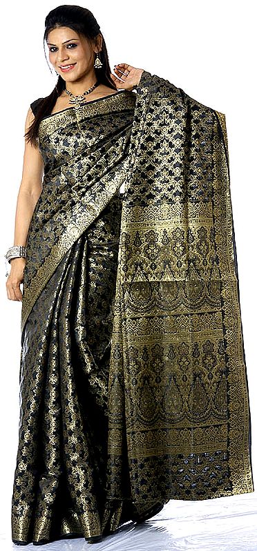Black Banarasi Sari with All-Over Golden Thread Weave