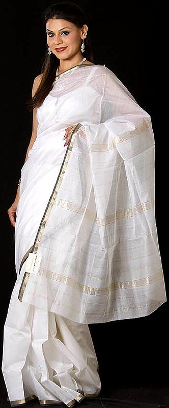 Ivory Maheshwari Sari with Golden Thread Weave on Border and Pin Stripes