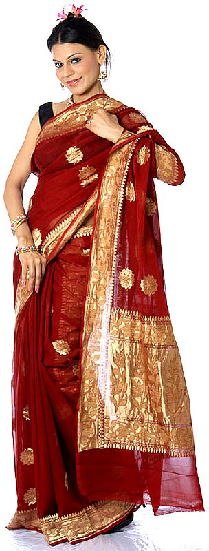 Maroon Banarasi Sari with Large Bootis Woven in Golden Thread