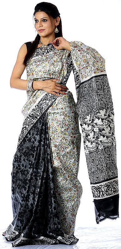 Ivory and Black Sari from Kolkata with Floral Print
