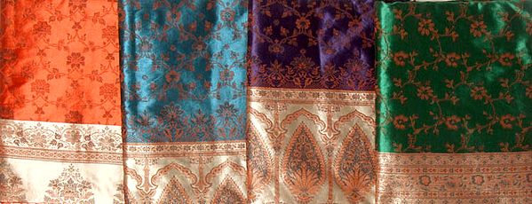 Lot of Four Banarasi Saris with All Over Weave on Border and Pallu