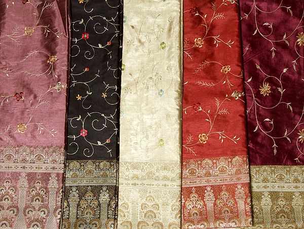 Lot of Five Plain Banarasi Saris with Floral Embroidery