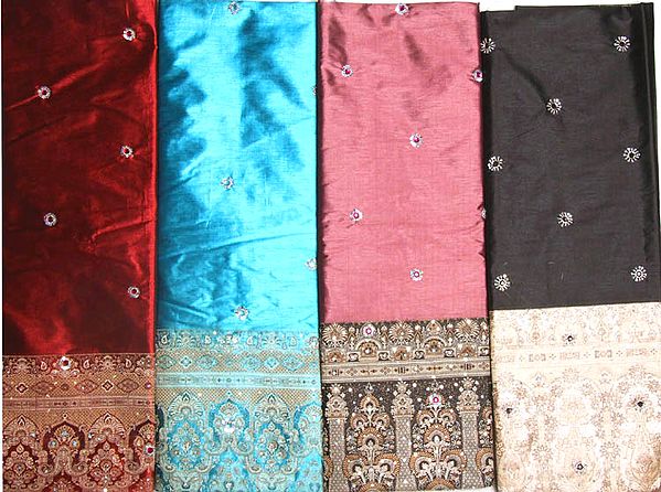Lot of Four Plain Banarasi Saris with All-Over Beaded Bootis
