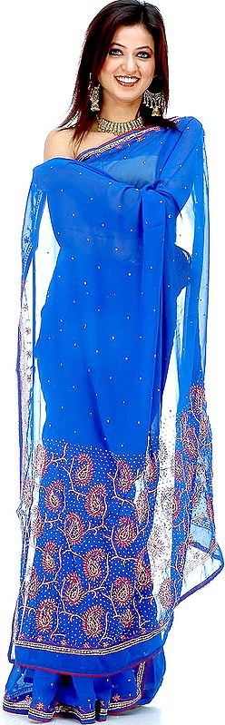 Cobalt Blue Sari with Sequins and Threadwork