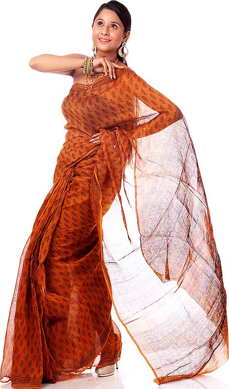 Copper Chanderi Sari with All-Over Block-Printed Bootis