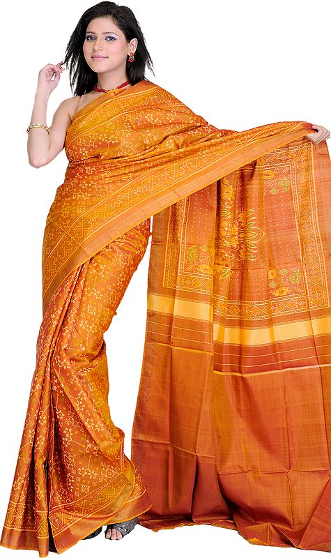 Coppo-Brown Gujarati Patan Patola Sari with Ikat Weave