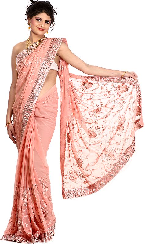 Coral Designer Sari with Embroidered Flowers and Patch Border