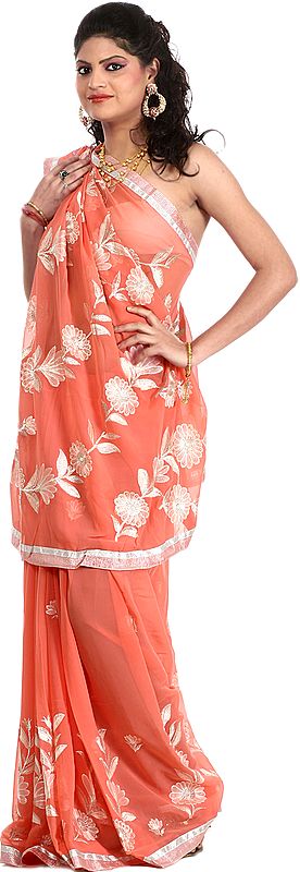 Coral Designer Sari with Metallic Thread Embroidered Flowers and Faux Pearls