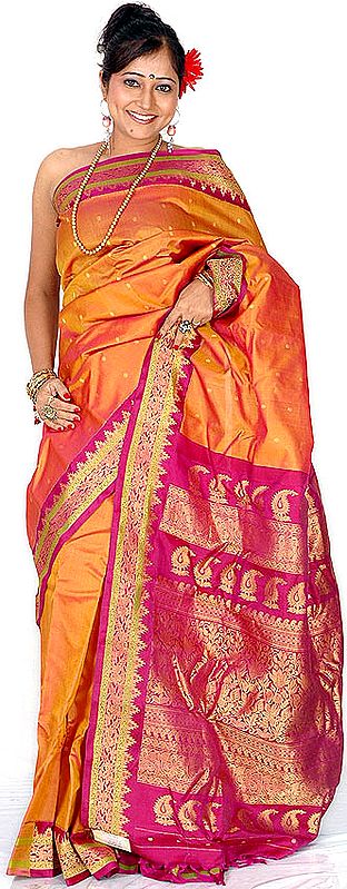 Coral Kanjivaram Sari with Golden Thread Weave on Anchal and Temple Border