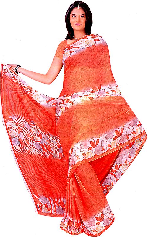 Coral Sari with Printed Flowers and Embroiderd Sequins