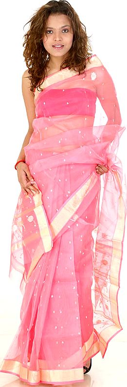Coral-Pink Chanderi Sari with All-Over Bootis and Golden Border