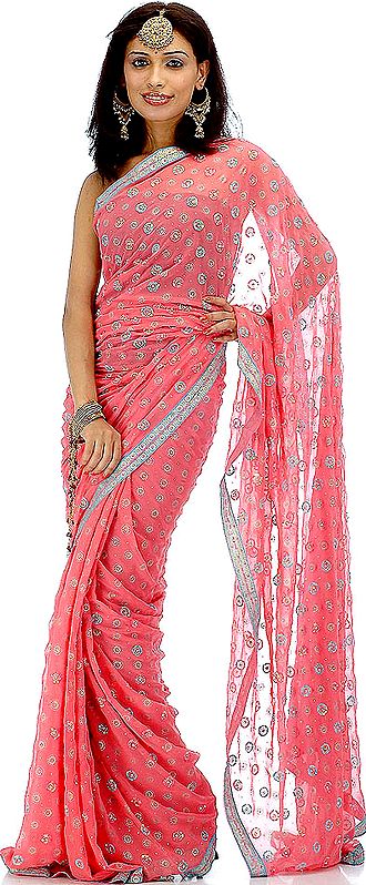 Coral-Pink Designer Sari with Painted Bootis and Sequins
