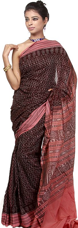 Cordovan Sambhalpuri Sari from Orissa with All-Over Ikat Weave