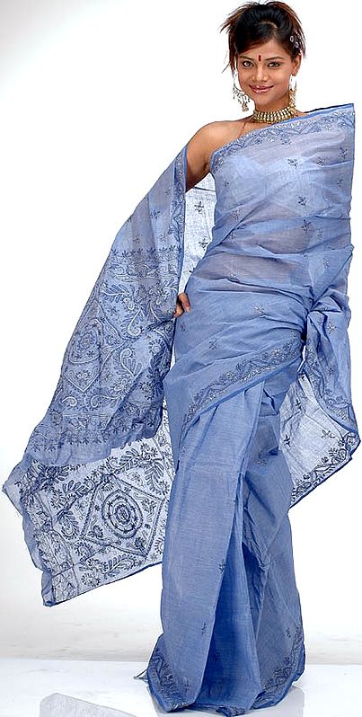 Cornflower-Blue Cotton Sari with Kantha Stitch