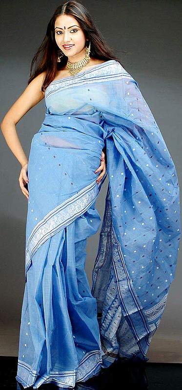 Cornflower-Blue Dhakai Sari with All-Over Bootis