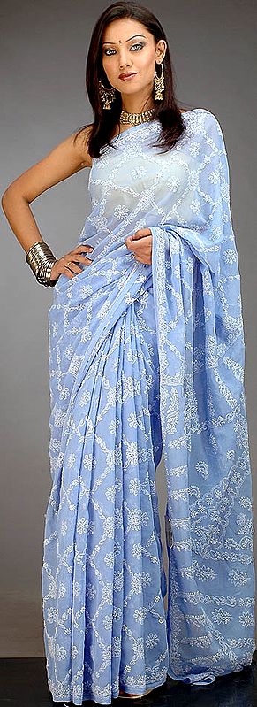 Cornflower-Blue Georgette Sari with All-Over Lukhnavi Chikankari